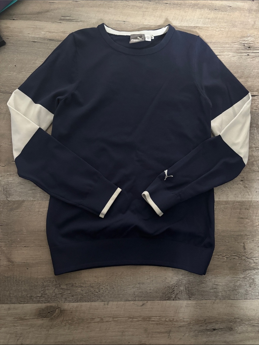 Puma Women’s  Navy Crew Sweatshirt with White Sleeve Panels